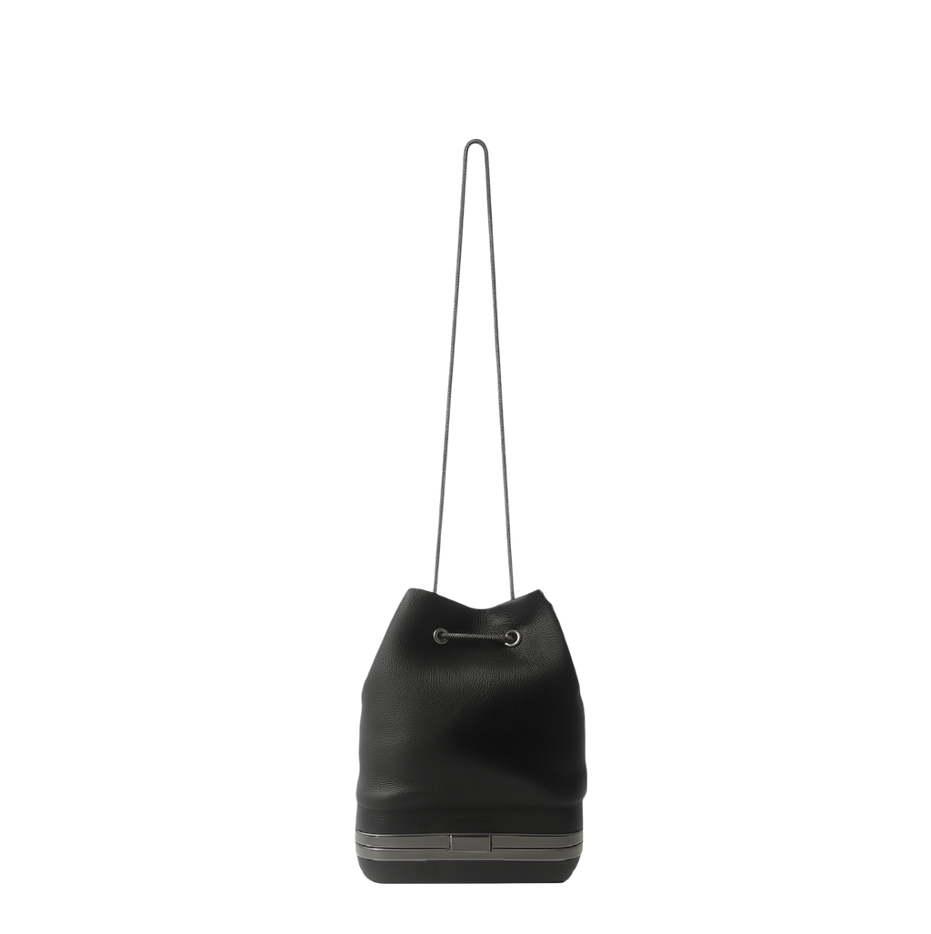 Kesmara Hulet Mini Drawstring Bag in black leather, quiet luxury crossbody