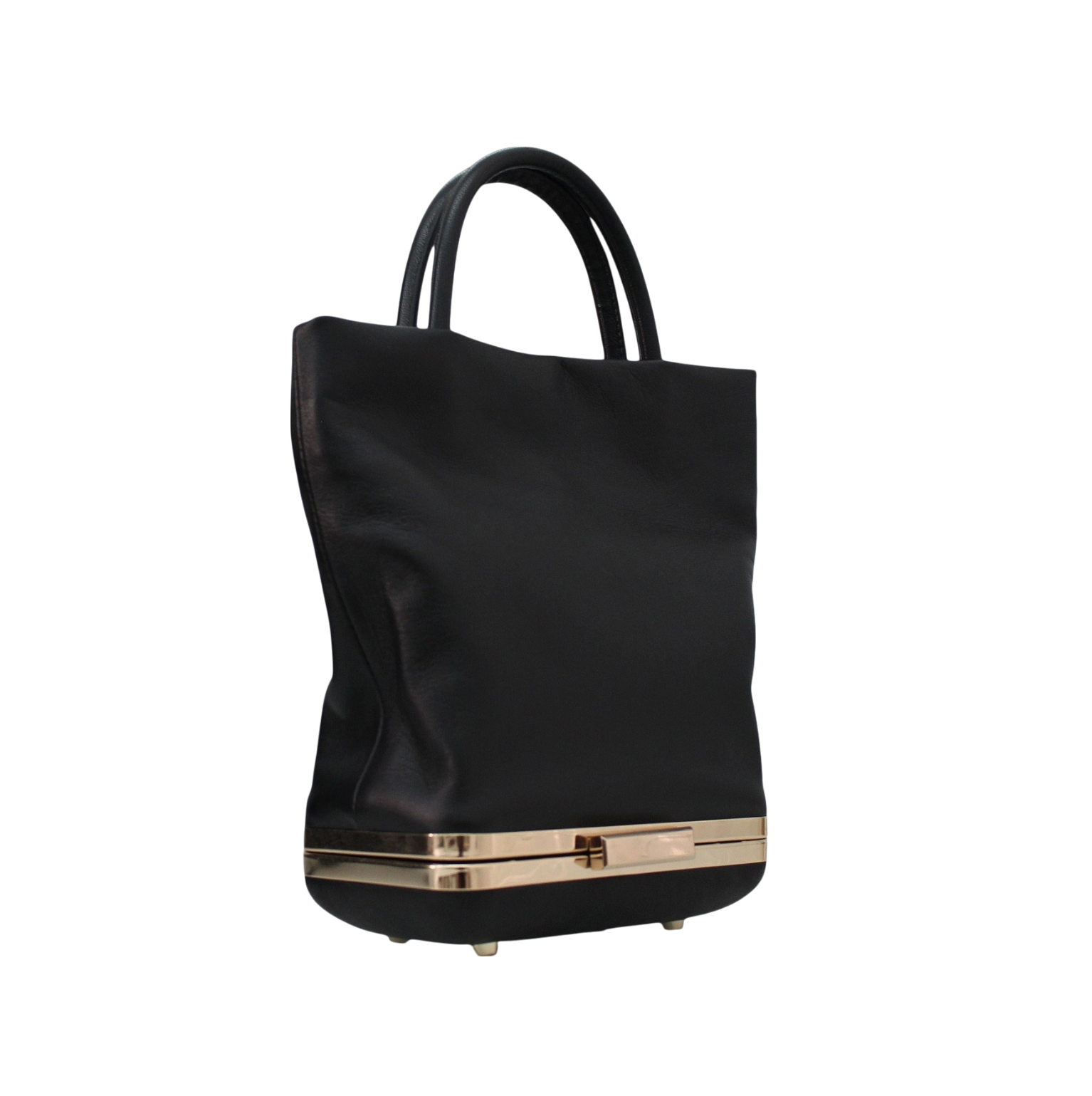 Kesmara Hulet Mini Tote in black leather, quiet luxury designer mini tote and crossbody with hidden bottom clutch compartment, trending 