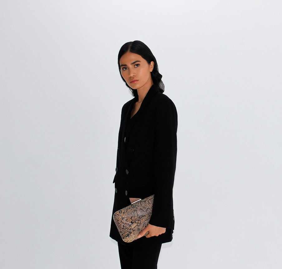 Brown Snake Print: Kesmara Shellie Oversized Clutch in brown snake print leather, quiet luxury statement clutch and crossbody,