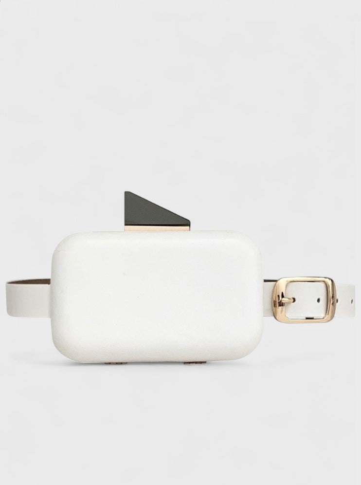 Kesmara Camille Belt Bag in white leather, quiet luxury convertible belt bag and crossbody, a minimalist investment handbag handcrafted in New York.