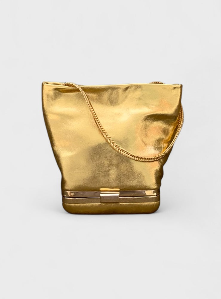 Kesmara Hulet Shoulder Bag in gold metallic leather, quiet luxury designer crossbody and shoulder bag, a bold investment handbag handcrafted in New York.