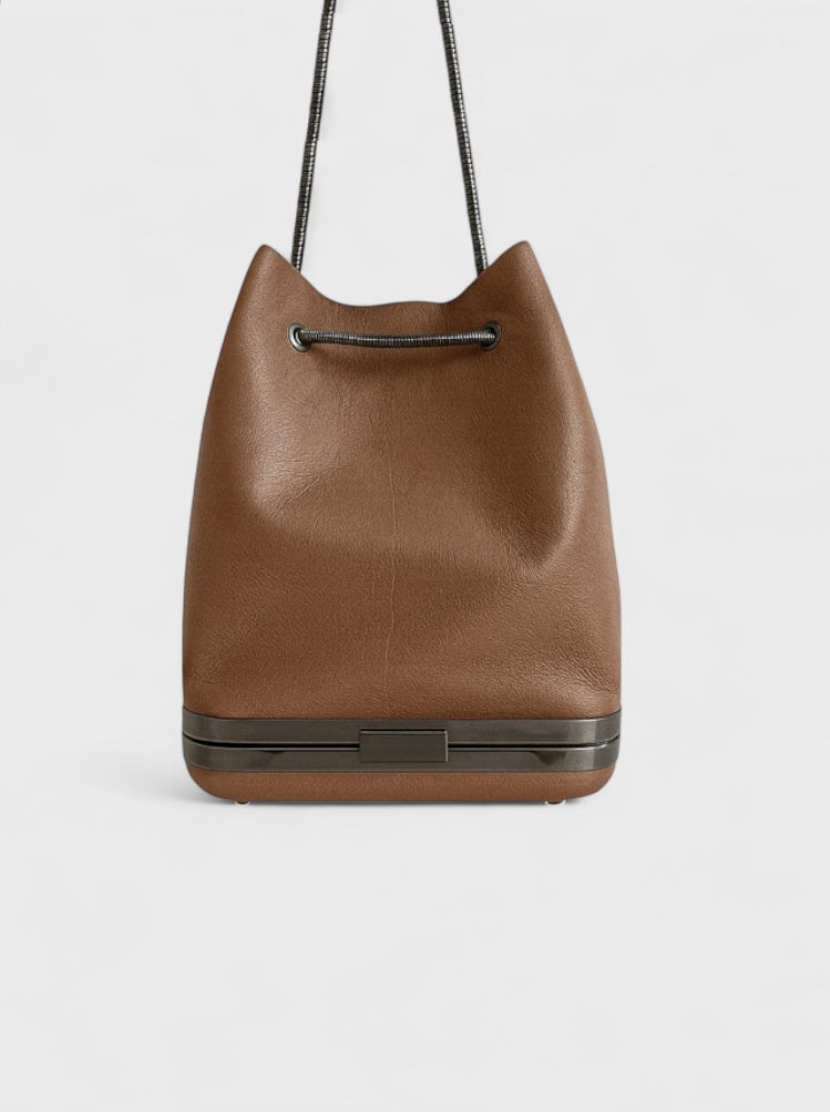 Kesmara Hulet Mini Drawstring Bag in cognac leather, quiet luxury crossbody and mini tote with hidden clutch, an investment handbag made in New York