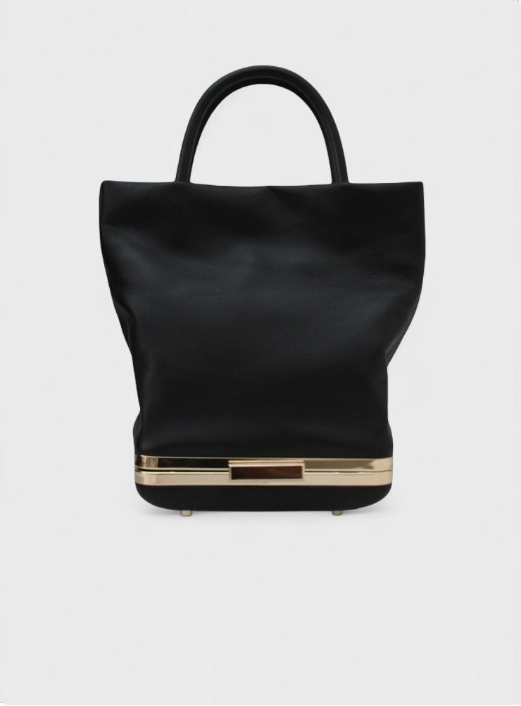 Kesmara Hulet Mini Tote in black leather, quiet luxury designer mini tote and crossbody with hidden clutch compartment, handcrafted in New York, an investment handbag for everyday style.