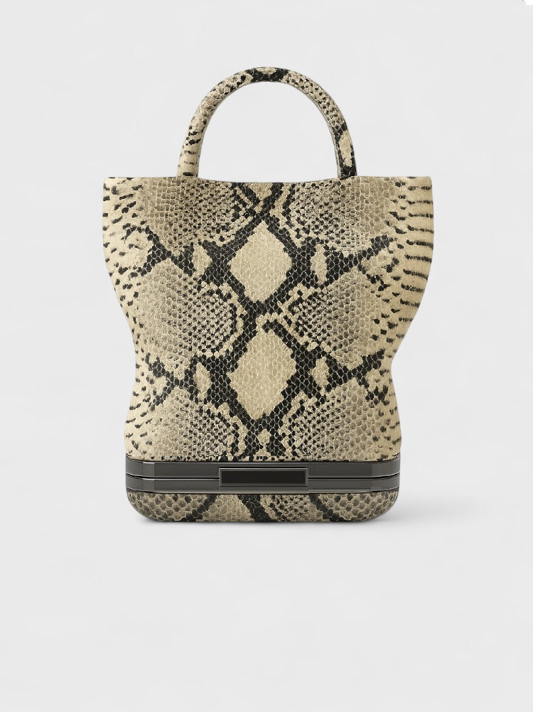 Kesmara Hulet Mini Tote in beige snake print leather, quiet luxury designer tote and crossbody with hidden clutch, handcrafted in New York, a statement investment handbag for day-to-night wear.