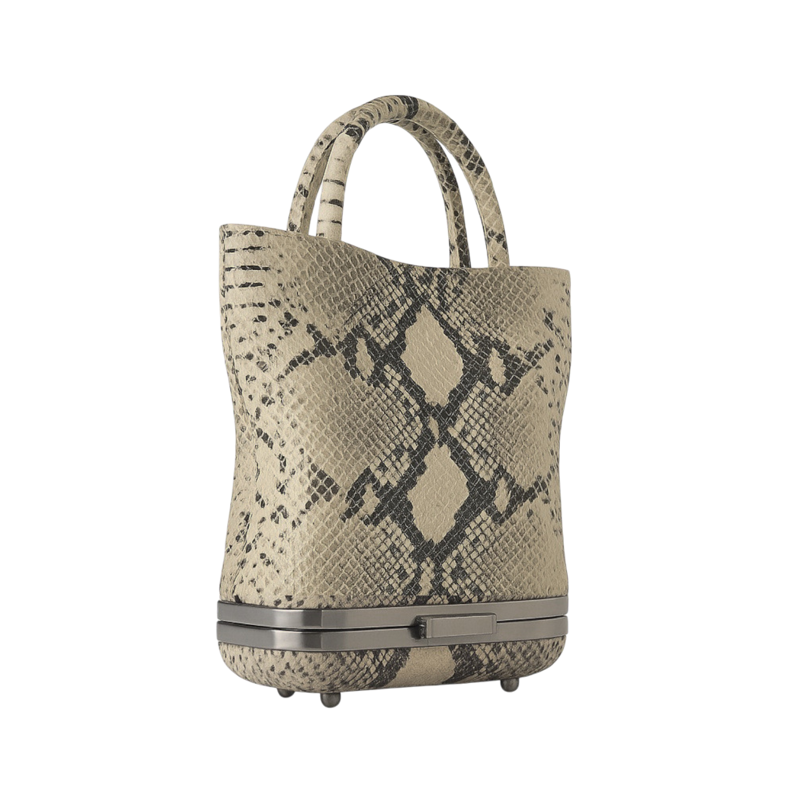Hulet Mini Tote in beige snake print leather, front view, statement designer tote.