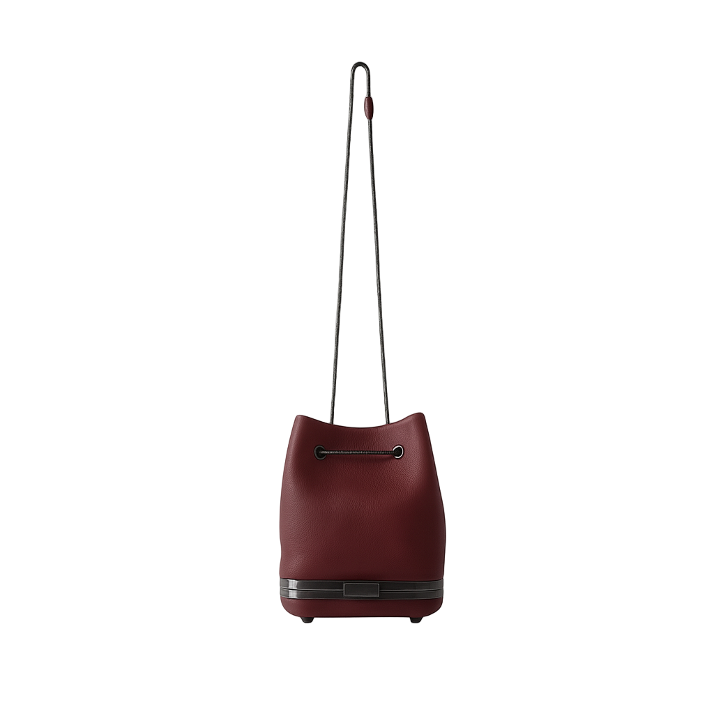 Kesmara Hulet Mini Drawstring Bag in burgundy leather, quiet luxury designer crossbody and tote, trending color
