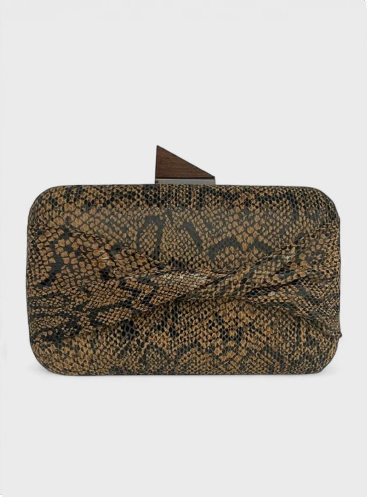 Brown Snake Print: Kesmara Shellie Oversized Clutch in brown snake print leather, quiet luxury statement clutch and crossbody, a versatile investment handbag made in New York.