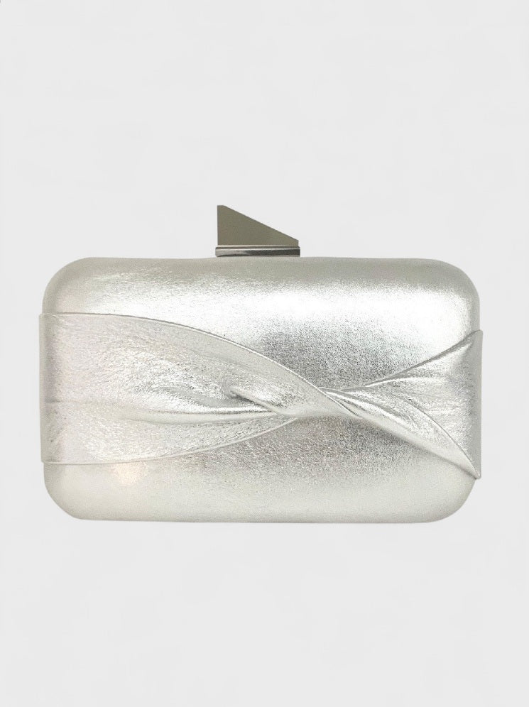 Kesmara Shellie Oversized Clutch in silver metallic leather, quiet luxury designer clutch and crossbody, handheld or shoulder bag, handcrafted in New York for brunch to evening style. Evening bags that can hold everything 