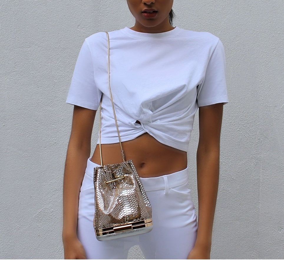 Kesmara Hulet Mini Drawstring Bag in silver metallic leather, quiet luxury mini tote and crossbody,