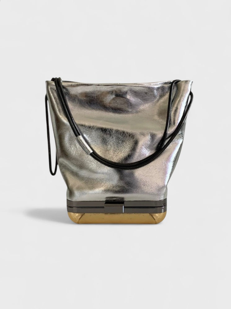 Kesmara Hulet Shoulder Bag in silver and gold metallic leather, quiet luxury designer crossbody and shoulder bag, an evening bag  in neutral color leather 