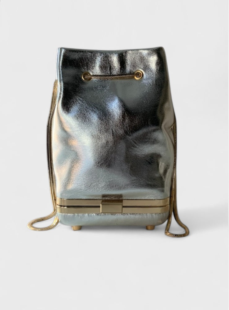Kesmara Hulet Mini Drawstring Bag in silver metallic leather, quiet luxury mini tote and crossbody, a statement investment handbag handcrafted in New York